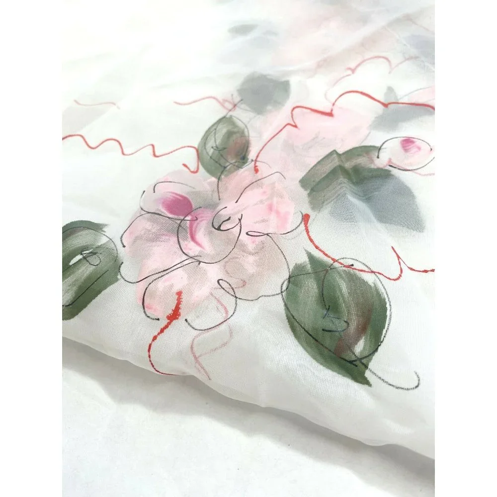 Vintage 1960s Sheer White Valances Curtains 4 Made Japan Hand Painted Pink Red